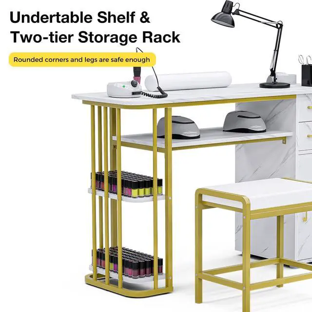 Alt view image 4 of 7 - Manicure Table Nail Desk, Nail Station for Nail Tech, Modern Multipurpose Table with Storage, a Cabinet, 2 Drawers & Open Shelves, 4 Dust Bags & a Wrist Cushion, Stool Included, White
