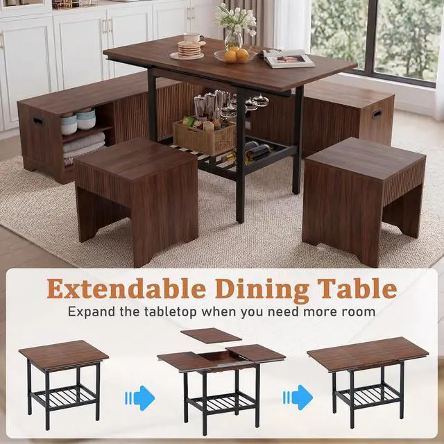Alt view image 2 of 7 - Extendable Breakfast Nook Set with Storage Bench, Corner Dining Table Set | Extendable Table Design, Hidden Storage Benches, 6-Piece Dining Set, Built-In Glass Holders, Indoor & Outdoor Use