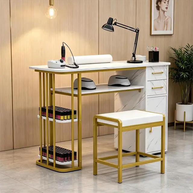 Main image of Manicure Table Nail Desk, Nail Station for Nail Tech, Modern Multipurpose Table with Storage, a Cabinet, 2 Drawers & Open Shelves, 4 Dust Bags & a Wrist Cushion, Stool Included, White
