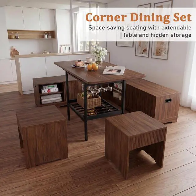Alt view image 6 of 7 - Extendable Breakfast Nook Set with Storage Bench, Corner Dining Table Set | Extendable Table Design, Hidden Storage Benches, 6-Piece Dining Set, Built-In Glass Holders, Indoor & Outdoor Use
