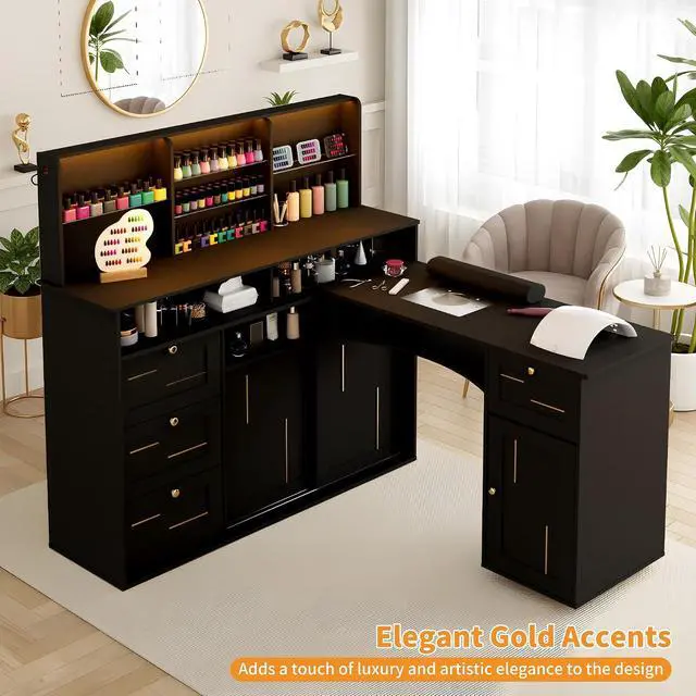 Alt view image 6 of 7 - Manicure Table with Dust Collector, L-Shaped Nail Desk with Mobile Desktop, LED Light, Glass Display Rack, Storage Cabinets and Drawers for Home Spa Beauty Salon Nail Station, Black