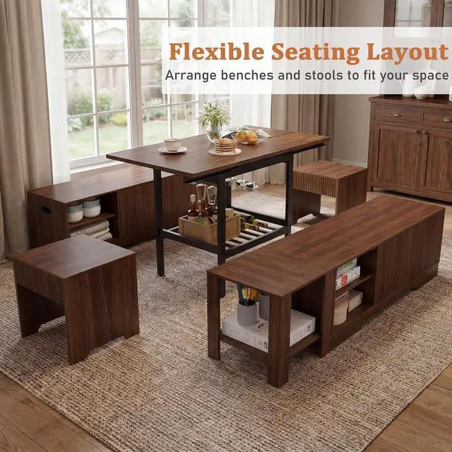 Alt view image 7 of 7 - Extendable Breakfast Nook Set with Storage Bench, Corner Dining Table Set | Extendable Table Design, Hidden Storage Benches, 6-Piece Dining Set, Built-In Glass Holders, Indoor & Outdoor Use
