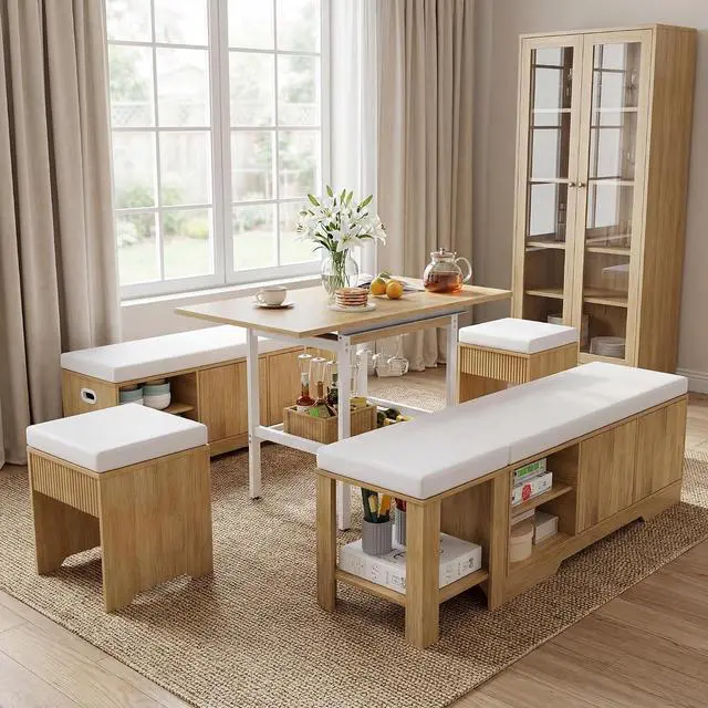 Main image of Extendable Breakfast Nook Set with Storage Bench, Corner Dining Table Set | Extendable Table Design, Hidden Storage Benches, 6-Piece Dining Set, Built-In Glass Holders, Indoor & Outdoor Use
