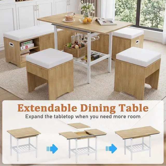 Alt view image 2 of 7 - Extendable Breakfast Nook Set with Storage Bench, Corner Dining Table Set | Extendable Table Design, Hidden Storage Benches, 6-Piece Dining Set, Built-In Glass Holders, Indoor & Outdoor Use