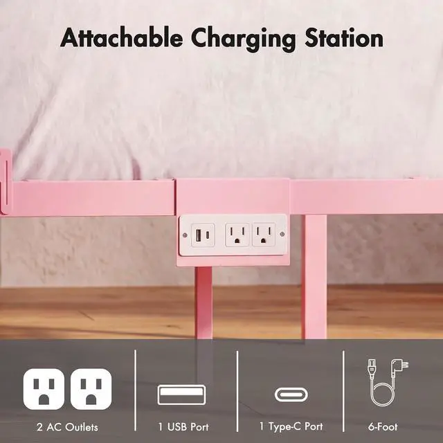 Alt view image 4 of 7 - Full Canopy Platform Bed with Charging Station & LED Lights | 4-Poster Canopy Design, Heavy-Duty Steel Frame, 11-Inch Under-Bed Storage, No Box Spring Needed, Easy Assembly & Noise-Free