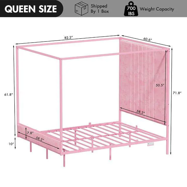 Alt view image 2 of 7 - Queen Canopy Platform Bed with Charging Station & LED Lights | 4-Poster Canopy Design, Heavy-Duty Steel Frame, 11-Inch Under-Bed Storage, No Box Spring Needed, Easy Assembly & Noise-Free