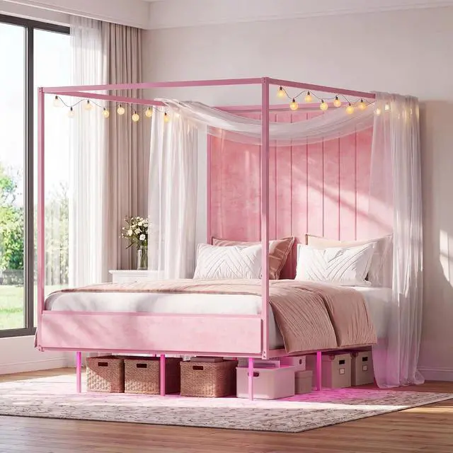 Alt view image 3 of 7 - Queen Canopy Platform Bed with Charging Station & LED Lights | 4-Poster Canopy Design, Heavy-Duty Steel Frame, 11-Inch Under-Bed Storage, No Box Spring Needed, Easy Assembly & Noise-Free