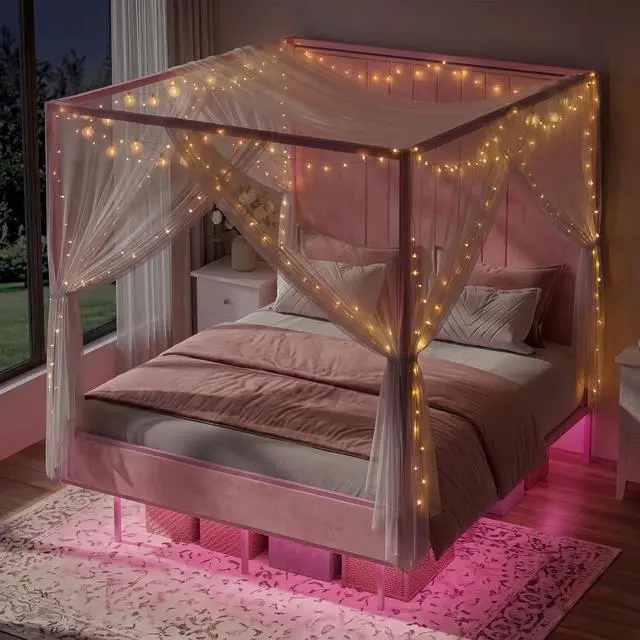 Main image of Queen Canopy Platform Bed with Charging Station & LED Lights | 4-Poster Canopy Design, Heavy-Duty Steel Frame, 11-Inch Under-Bed Storage, No Box Spring Needed, Easy Assembly & Noise-Free