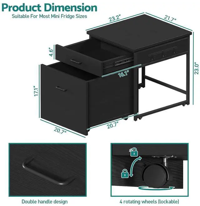 Alt view image 3 of 6 - Mini Fridge Stand with Storage, Heavy Duty Mini Fridge Table with Rolling Cabinet, 250LBS Capacity Tabletop with Lockable Wheel for Dorm, Home, Office, Bedroom (Black)