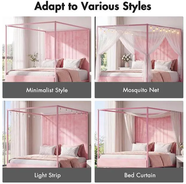 Alt view image 7 of 7 - Full Canopy Platform Bed with Charging Station & LED Lights | 4-Poster Canopy Design, Heavy-Duty Steel Frame, 11-Inch Under-Bed Storage, No Box Spring Needed, Easy Assembly & Noise-Free