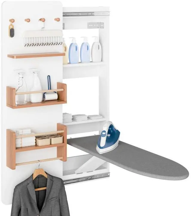 Main image of Wall Mounted Ironing Board Cabinet with Storage, Foldable Wall Ironing Board with Sliding Door, Wall Mount Space Saving Ironing Station for Laundry Room, Living Room, Entrance