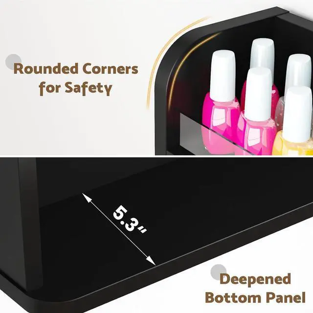 Alt view image 6 of 7 - Wood Nail Polish Rack Display, 6 Tiers Nail Polish Wall Organizer, Black | Wall Mounted Nail Polish Storage & Display Shelf, 6 Layers Wall Mount Nail Polish Holder Wall, LED Light, Acrylic Baffle