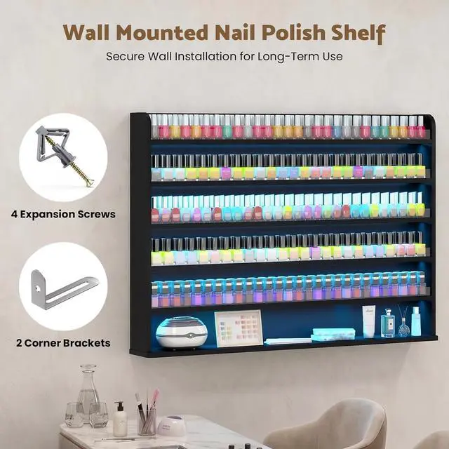 Alt view image 7 of 7 - Wood Nail Polish Rack Display, 6 Tiers Nail Polish Wall Organizer, Black | Wall Mounted Nail Polish Storage & Display Shelf, 6 Layers Wall Mount Nail Polish Holder Wall, LED Light, Acrylic Baffle