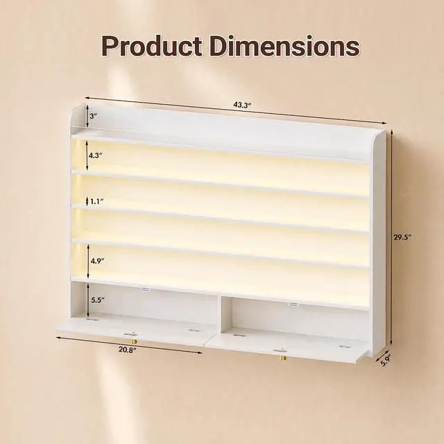 Alt view image 2 of 7 - Wood Nail Polish Rack with Cabinet, 5-Tier Nail Polish Display Shelf, White | Wall Mount, LED Light, Anti-Drop Acrylic Baffles, Hold 600+ Bottles, Nail Salon Storage & Display Cabinet