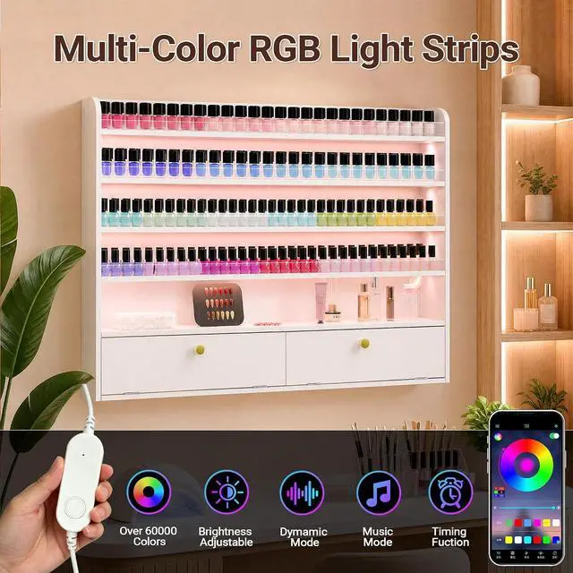 Alt view image 3 of 7 - Wood Nail Polish Rack with Cabinet, 5-Tier Nail Polish Display Shelf, White | Wall Mount, LED Light, Anti-Drop Acrylic Baffles, Hold 600+ Bottles, Nail Salon Storage & Display Cabinet
