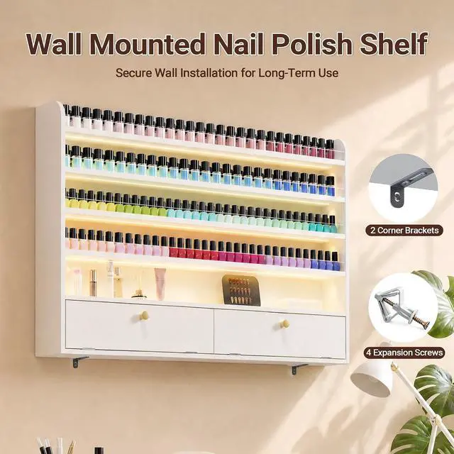 Alt view image 6 of 7 - Wood Nail Polish Rack with Cabinet, 5-Tier Nail Polish Display Shelf, White | Wall Mount, LED Light, Anti-Drop Acrylic Baffles, Hold 600+ Bottles, Nail Salon Storage & Display Cabinet