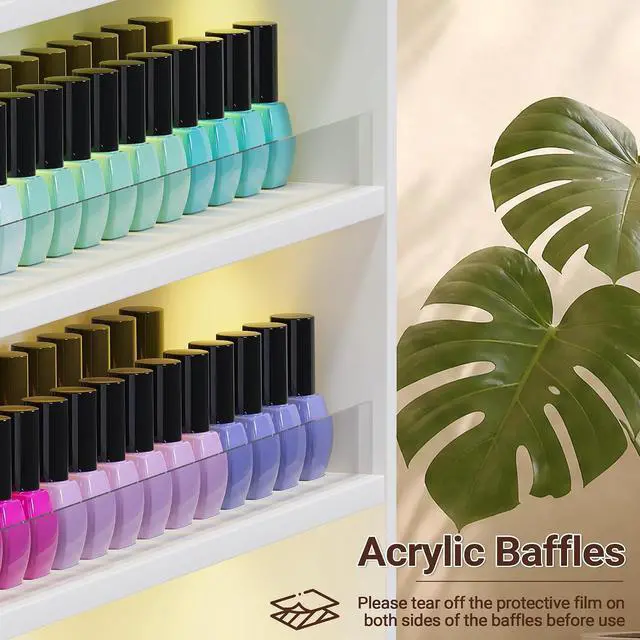 Alt view image 4 of 7 - Wood Nail Polish Rack with Cabinet, 5-Tier Nail Polish Display Shelf, White | Wall Mount, LED Light, Anti-Drop Acrylic Baffles, Hold 600+ Bottles, Nail Salon Storage & Display Cabinet