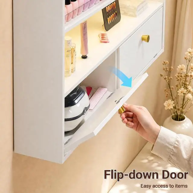 Alt view image 5 of 7 - Wood Nail Polish Rack with Cabinet, 5-Tier Nail Polish Display Shelf, White | Wall Mount, LED Light, Anti-Drop Acrylic Baffles, Hold 600+ Bottles, Nail Salon Storage & Display Cabinet