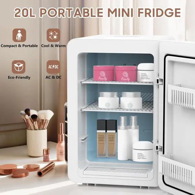 Alt view image 2 of 7 - 16L/20L Skincare Fridge with LED Mirror, Small Fridge for Makeup | Portable Skin Care Fridge for Beauty, Cosmetics, Personal Mini Refrigerator for Food, Office, Dorm, Car, Cooler & Warmer