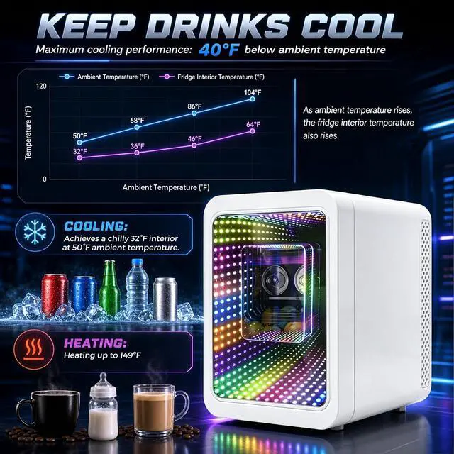 Alt view image 4 of 7 - 20L Mini Fridge LED Gaming Light, Small Beverage Refrigerator | 22Cans Mini Cooler & Warmer with See through Mirror Door, Portable Small Fridge for Bedroom, Office, Gaming Room, Car