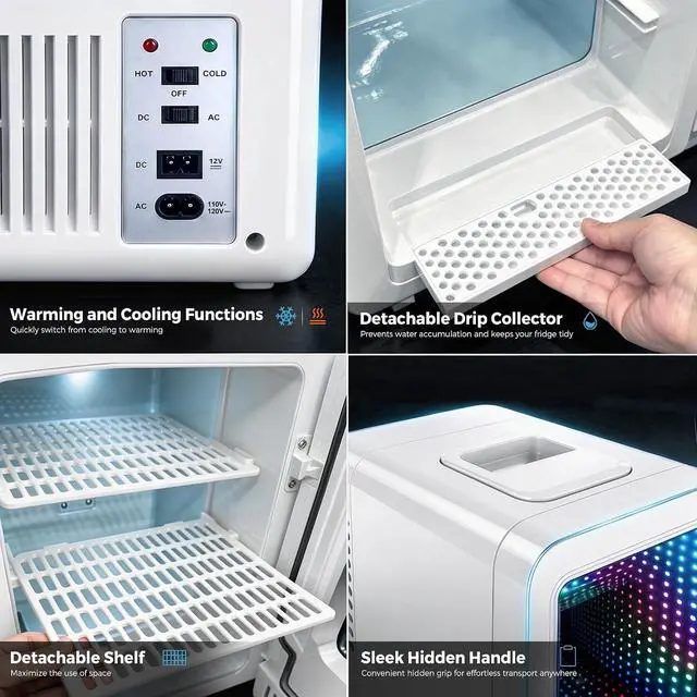 Alt view image 7 of 7 - 20L Mini Fridge LED Gaming Light, Small Beverage Refrigerator | 22Cans Mini Cooler & Warmer with See through Mirror Door, Portable Small Fridge for Bedroom, Office, Gaming Room, Car