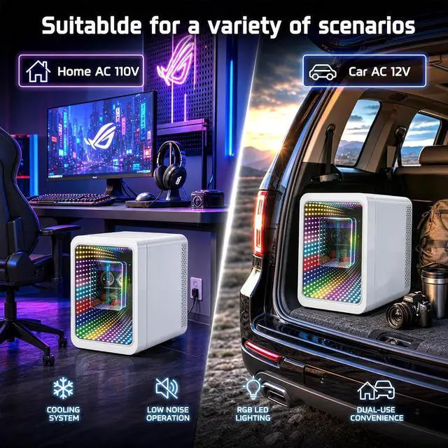 Alt view image 5 of 7 - 20L Mini Fridge LED Gaming Light, Small Beverage Refrigerator | 22Cans Mini Cooler & Warmer with See through Mirror Door, Portable Small Fridge for Bedroom, Office, Gaming Room, Car