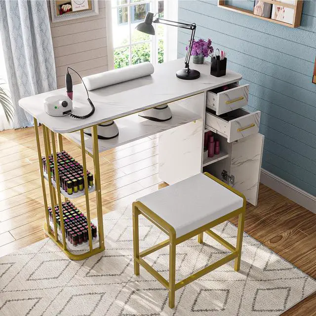 Alt view image 6 of 7 - Manicure Table Nail Desk, Nail Station for Nail Tech, Modern Multipurpose Table with Storage, a Cabinet, 2 Drawers & Open Shelves, 4 Dust Bags & a Wrist Cushion, Stool Included, White