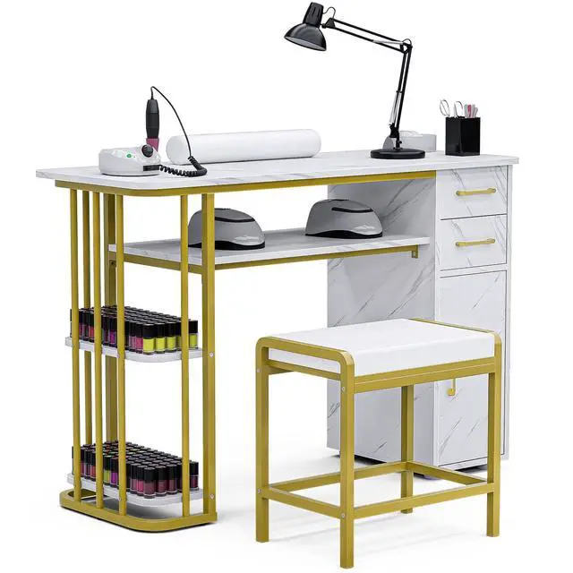 Alt view image 7 of 7 - Manicure Table Nail Desk, Nail Station for Nail Tech, Modern Multipurpose Table with Storage, a Cabinet, 2 Drawers & Open Shelves, 4 Dust Bags & a Wrist Cushion, Stool Included, White