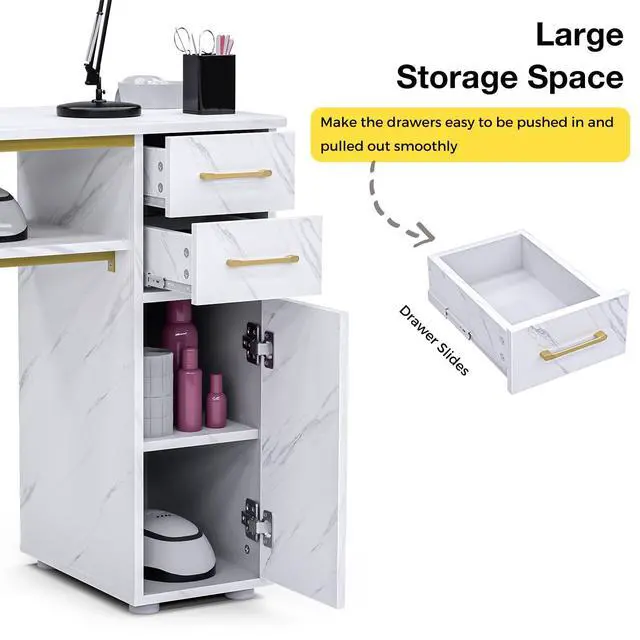 Alt view image 6 of 6 - Manicure Table Nail Desk w/Dust Collector, Professional Nail Station for Nail Tech, Modern Table with Storage, a Cabinet, 2 Drawers, Open Shelves, 4 Dust Bags, a Wrist Cushion & Stool, White