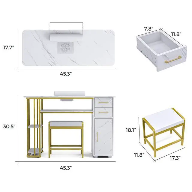 Alt view image 3 of 6 - Manicure Table Nail Desk w/Dust Collector, Professional Nail Station for Nail Tech, Modern Table with Storage, a Cabinet, 2 Drawers, Open Shelves, 4 Dust Bags, a Wrist Cushion & Stool, White