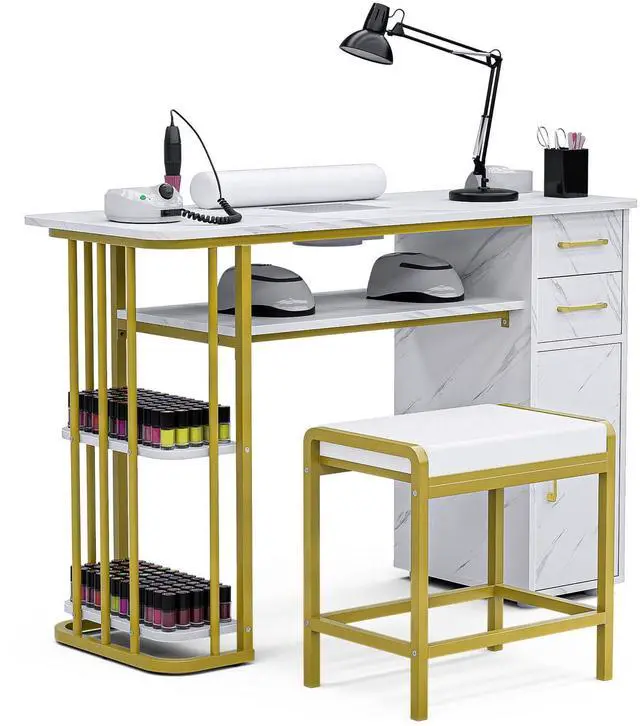 Main image of Manicure Table Nail Desk w/Dust Collector, Professional Nail Station for Nail Tech, Modern Table with Storage, a Cabinet, 2 Drawers, Open Shelves, 4 Dust Bags, a Wrist Cushion & Stool, White