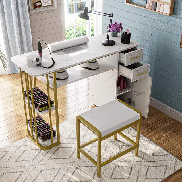 Alt view image 2 of 6 - Manicure Table Nail Desk w/Dust Collector, Professional Nail Station for Nail Tech, Modern Table with Storage, a Cabinet, 2 Drawers, Open Shelves, 4 Dust Bags, a Wrist Cushion & Stool, White