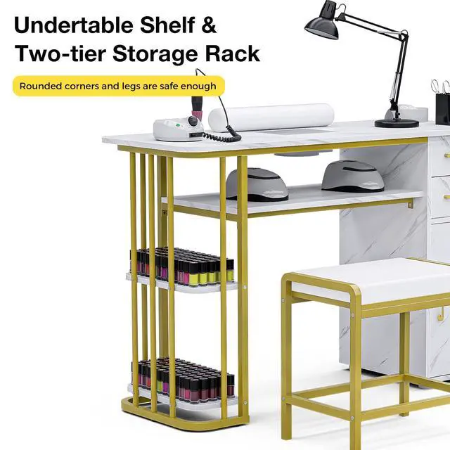 Alt view image 5 of 6 - Manicure Table Nail Desk w/Dust Collector, Professional Nail Station for Nail Tech, Modern Table with Storage, a Cabinet, 2 Drawers, Open Shelves, 4 Dust Bags, a Wrist Cushion & Stool, White