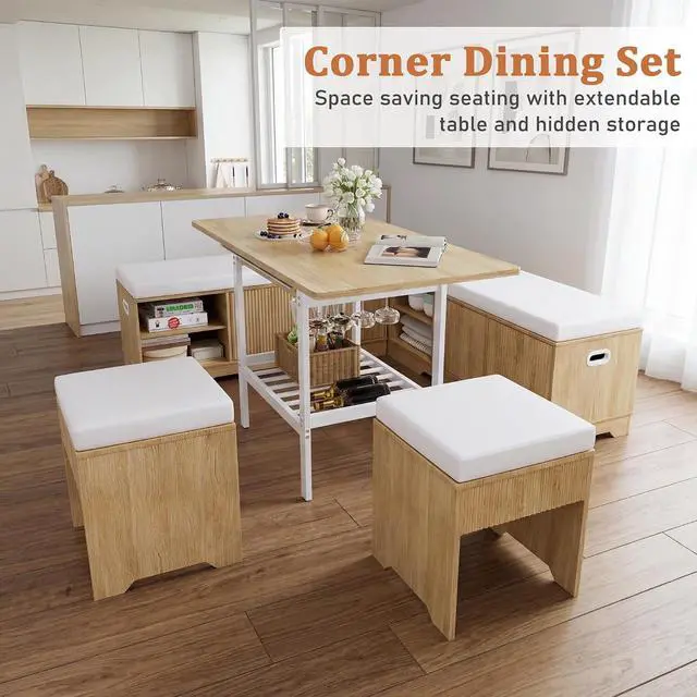Alt view image 7 of 7 - Extendable Breakfast Nook Set with Storage Bench, Corner Dining Table Set | Extendable Table Design, Hidden Storage Benches, 6-Piece Dining Set, Built-In Glass Holders, Indoor & Outdoor Use