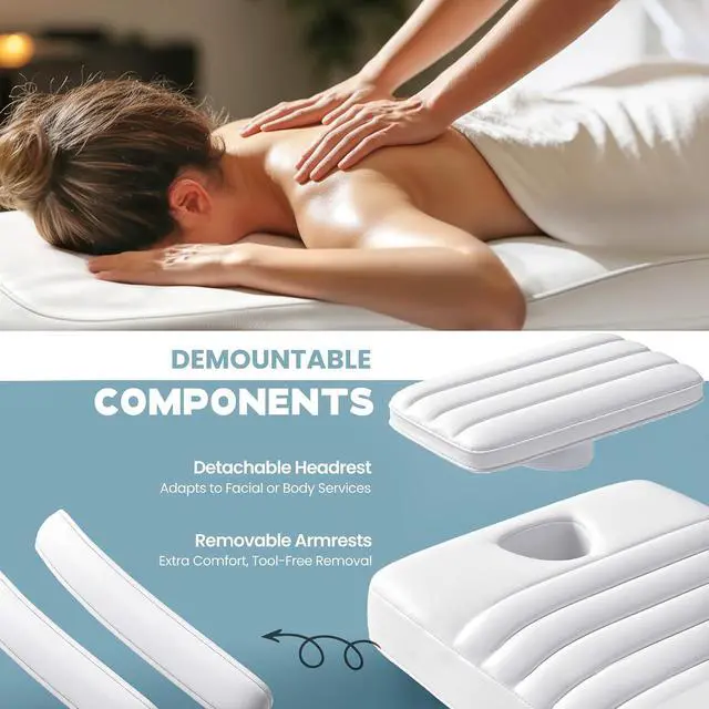Alt view image 5 of 7 - Electric Massage Table with LED Light, Adjustable Facial Bed with Foot Control for Spa, Tattoo, Waxing, and Eyelash Extension, Removable Headrest and Armrest, 90° Back & Leg Adjustment (White)