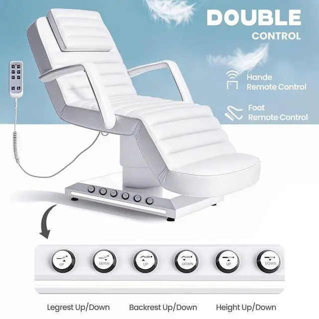 Alt view image 3 of 7 - Electric Massage Table with LED Light, Adjustable Facial Bed with Foot Control for Spa, Tattoo, Waxing, and Eyelash Extension, Removable Headrest and Armrest, 90° Back & Leg Adjustment (White)