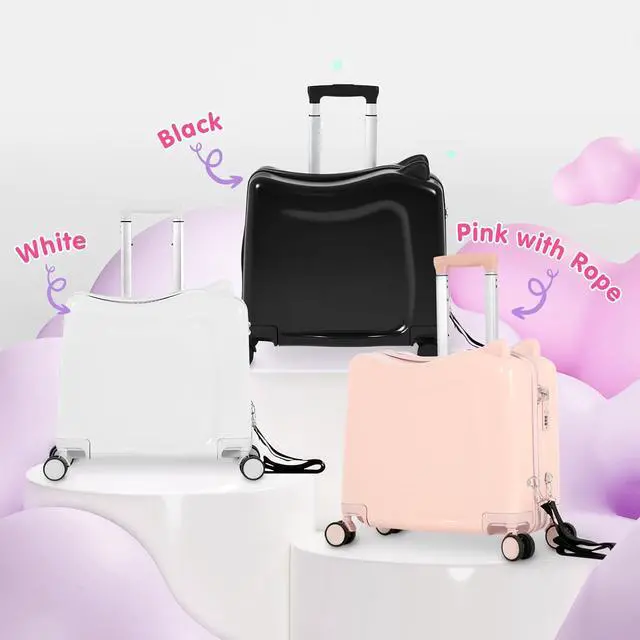 Alt view image 2 of 7 - 20" Kids Ride-On Suitcase with Rope, Carry-On Luggage with TSA Lock | PVC Hardshell, Waterproof & Wear-resistant, 360° Silent Wheels, Telescopic Handle, Airline Carry-on Size, Cute Ear Design