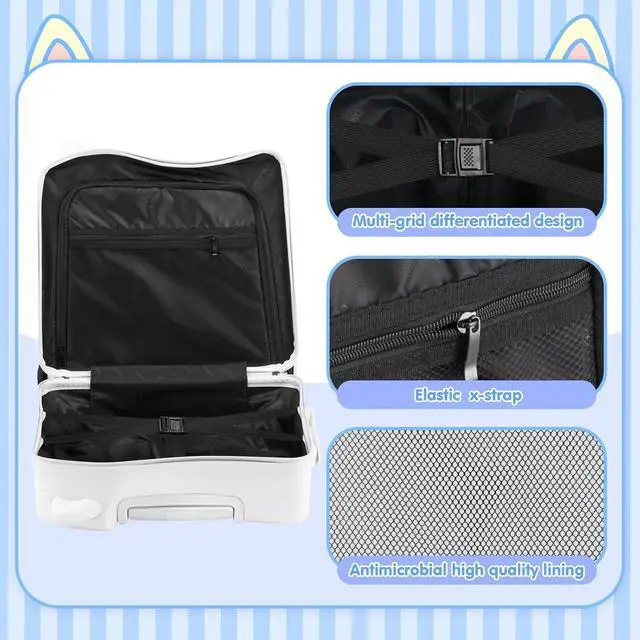 Alt view image 6 of 7 - 20" Kids Ride-On Suitcase with Rope, Carry-On Luggage with TSA Lock | PVC Hardshell, Waterproof & Wear-resistant, 360° Silent Wheels, Telescopic Handle, Airline Carry-on Size, Cute Ear Design
