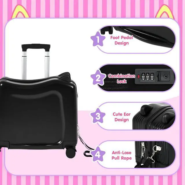 Alt view image 3 of 7 - 20" Kids Ride-On Suitcase with Rope, Carry-On Luggage with TSA Lock | PVC Hardshell, Waterproof & Wear-resistant, 360° Silent Wheels, Telescopic Handle, Airline Carry-on Size, Cute Ear Design