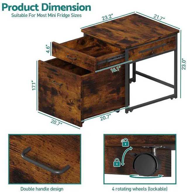 Alt view image 4 of 7 - Mini Fridge Stand with Storage, Heavy Duty Mini Fridge Table with Rolling Cabinet, 250LBS Capacity Tabletop with Lockable Wheel for Dorm, Home, Office, Bedroom (Brown)