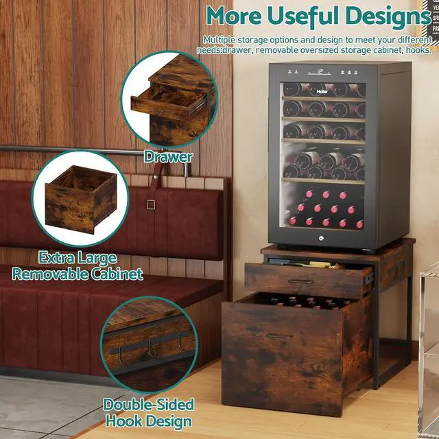 Alt view image 3 of 7 - Mini Fridge Stand with Storage, Heavy Duty Mini Fridge Table with Rolling Cabinet, 250LBS Capacity Tabletop with Lockable Wheel for Dorm, Home, Office, Bedroom (Brown)