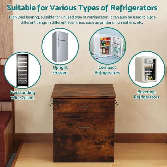 Alt view image 6 of 7 - Mini Fridge Stand with Storage, Heavy Duty Mini Fridge Table with Rolling Cabinet, 250LBS Capacity Tabletop with Lockable Wheel for Dorm, Home, Office, Bedroom (Brown)
