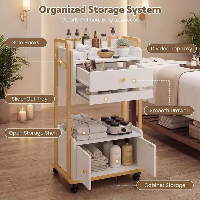 Alt view image 3 of 7 - Spa Salon Trolley with Storage Cabinet, Rolling Beauty Cart for Professional Spa & Salon Use, Mobile Esthetician Cart for Skincare, Facial & Treatment Supplies (White)