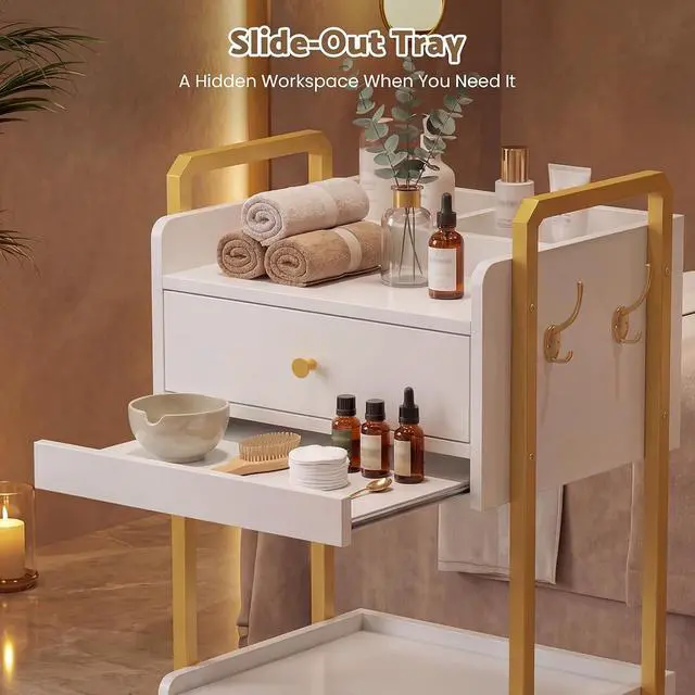 Alt view image 4 of 7 - Spa Salon Trolley with Storage Cabinet, Rolling Beauty Cart for Professional Spa & Salon Use, Mobile Esthetician Cart for Skincare, Facial & Treatment Supplies (White)