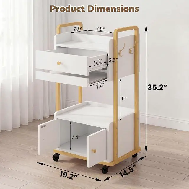 Alt view image 2 of 7 - Spa Salon Trolley with Storage Cabinet, Rolling Beauty Cart for Professional Spa & Salon Use, Mobile Esthetician Cart for Skincare, Facial & Treatment Supplies (White)