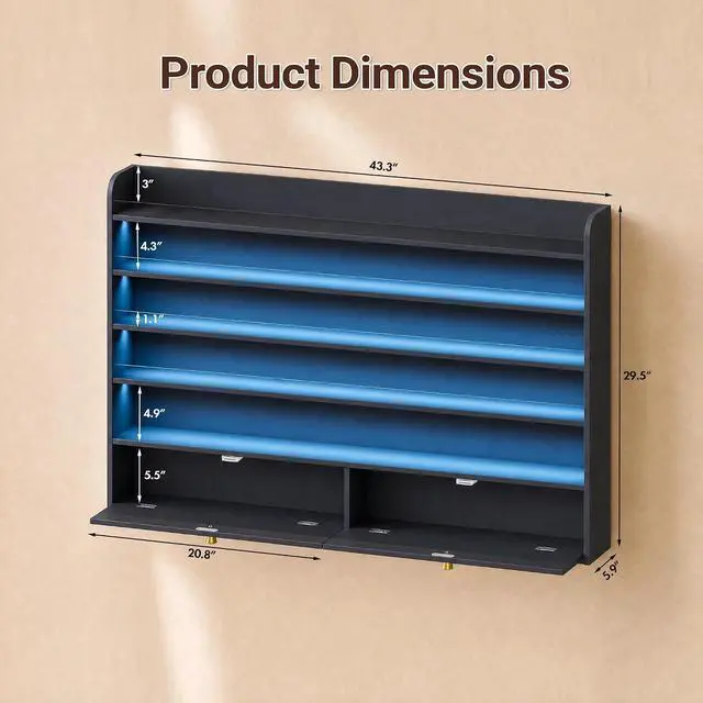 Alt view image 2 of 7 - Wood Nail Polish Rack with Cabinet, 5-Tier Nail Polish Display Shelf, Black | Wall Mount, LED Light, Anti-Drop Acrylic Baffles, Hold 600+ Bottles, Nail Salon Storage & Display Cabinet