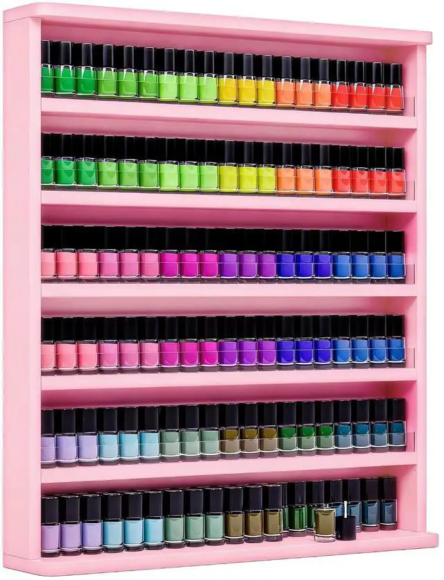 Main image of Wood Nail Polish Rack, Wall Mount Nail Polish Organizer, 6 Layers Nail Salon Storage Display Shelves Perfume Bottles Essential Oil Holder w/Acrylic Baffle, Pink