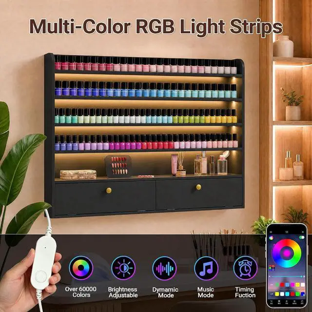 Alt view image 3 of 7 - Wood Nail Polish Rack with Cabinet, 5-Tier Nail Polish Display Shelf, Black | Wall Mount, LED Light, Anti-Drop Acrylic Baffles, Hold 600+ Bottles, Nail Salon Storage & Display Cabinet