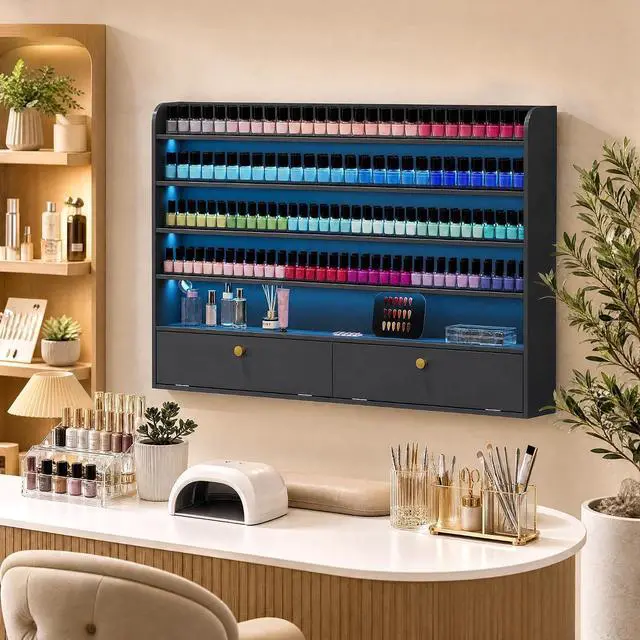 Main image of Wood Nail Polish Rack with Cabinet, 5-Tier Nail Polish Display Shelf, Black | Wall Mount, LED Light, Anti-Drop Acrylic Baffles, Hold 600+ Bottles, Nail Salon Storage & Display Cabinet