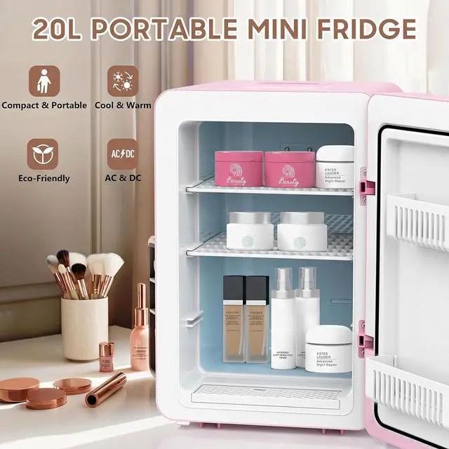 Alt view image 2 of 7 - 16L/20L Skincare Fridge with LED Mirror, Small Fridge for Makeup | Portable Skin Care Fridge for Beauty, Cosmetics, Personal Mini Refrigerator for Food, Office, Dorm, Car, Cooler & Warmer